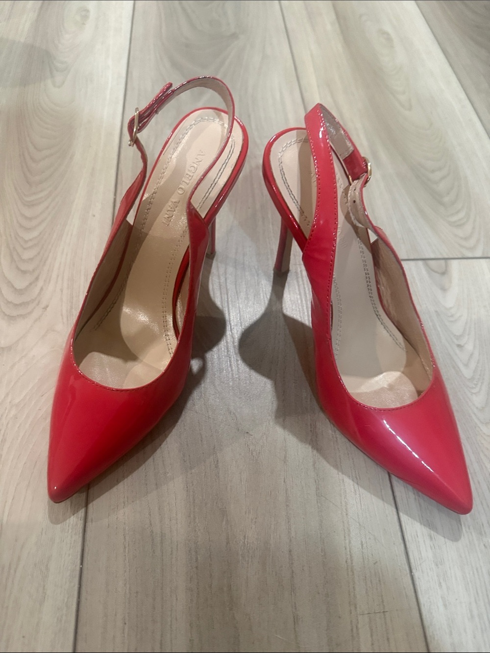 Coral Patent Pointed Slingback Heels by Angelo Vani